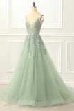 Vestido de fiesta de tul verde con tirantes finos y apliques, vestido de noche formal