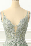 Vestido de fiesta de tul verde con tirantes finos y apliques, vestido de noche formal