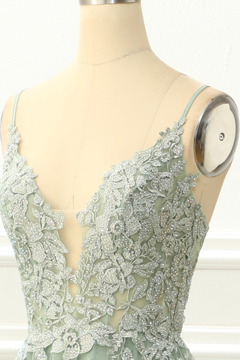 Vestido de fiesta de tul verde con tirantes finos y apliques, vestido de noche formal