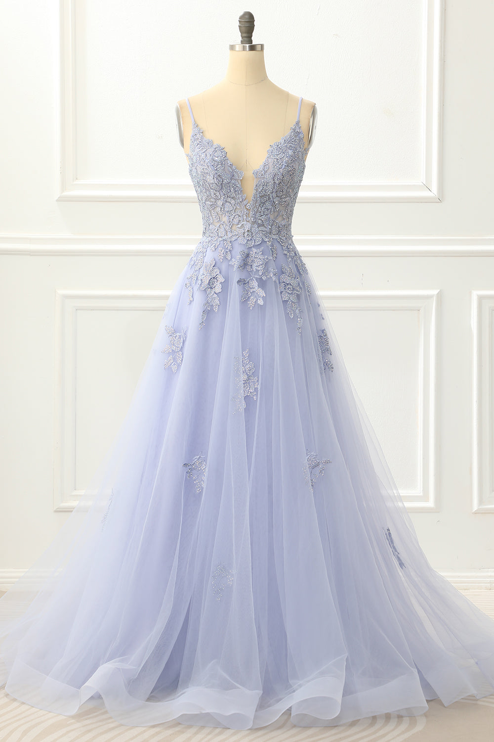 Spaghettiträger Tüll Lavendel Ballkleid mit Applikationen Formelle Abendkleider