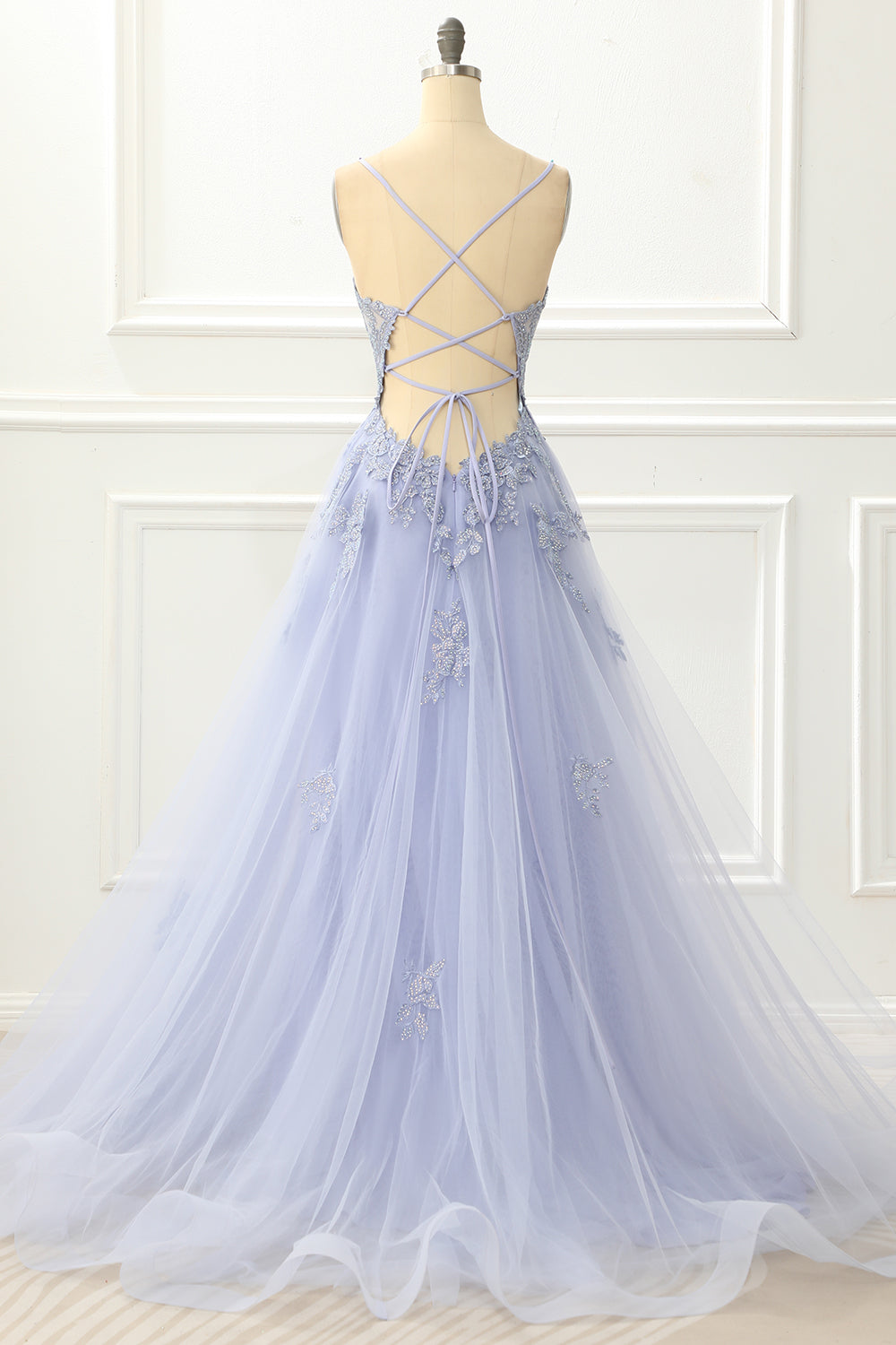 Spaghettiträger Tüll Lavendel Ballkleid mit Applikationen Formelle Abendkleider