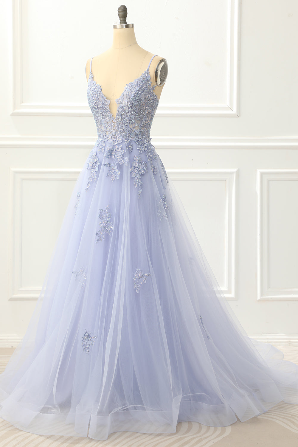 Vestido de fiesta de tul verde con tirantes finos y apliques, vestido de noche formal
