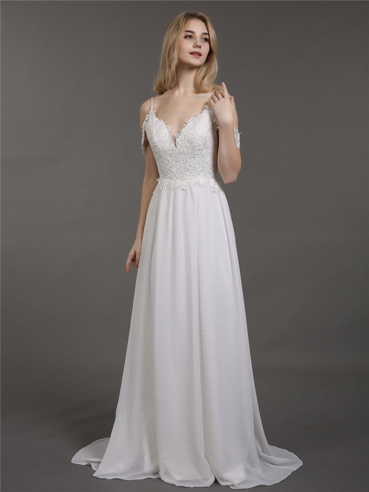 Spaghetti Strap Chiffon Simple Wedding Dress-Ivory Bridal Gowns Dresses