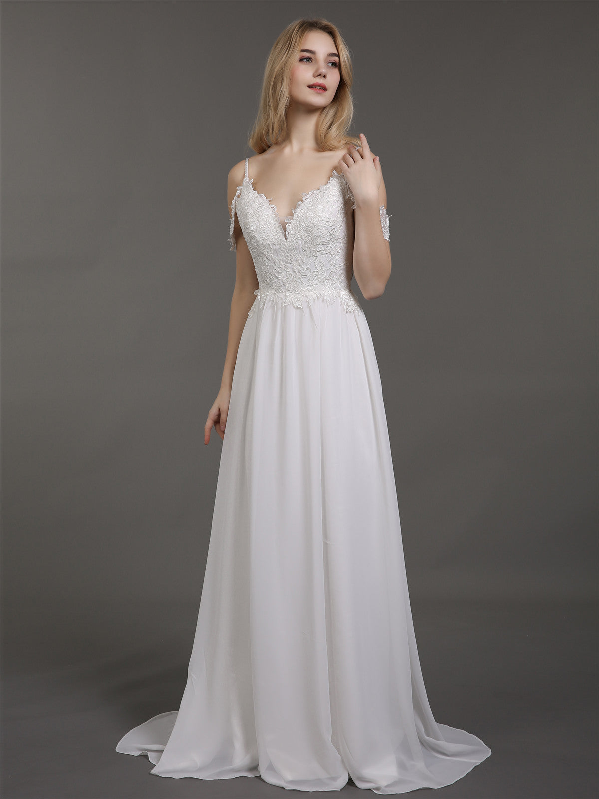 Spaghetti Strap Chiffon Simple Wedding Dress-Ivory Bridal Gowns Dresses