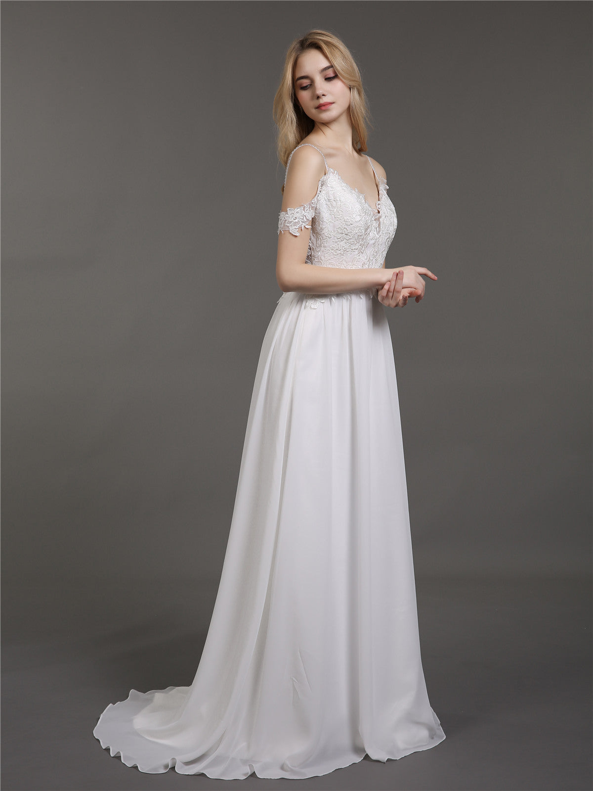 Spaghetti Strap Chiffon Simple Wedding Dress-Ivory Bridal Gowns Dresses