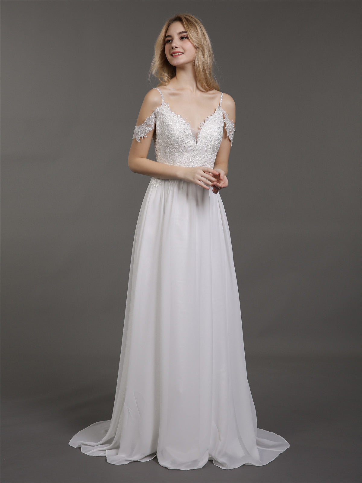 Spaghetti Strap Chiffon Simple Wedding Dress-Ivory Bridal Gowns Dresses