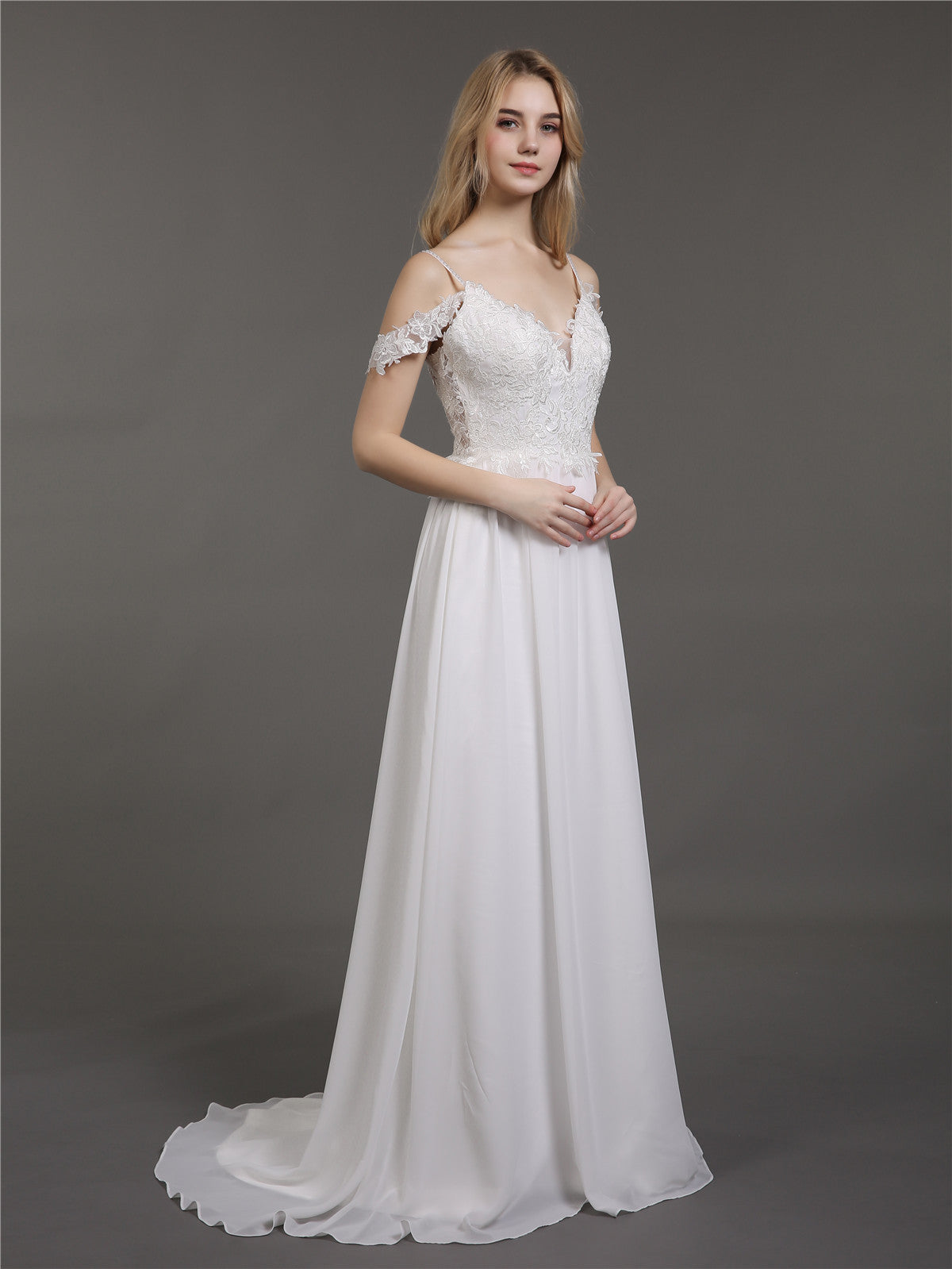 Spaghetti Strap Chiffon Simple Wedding Dress-Ivory Bridal Gowns Dresses