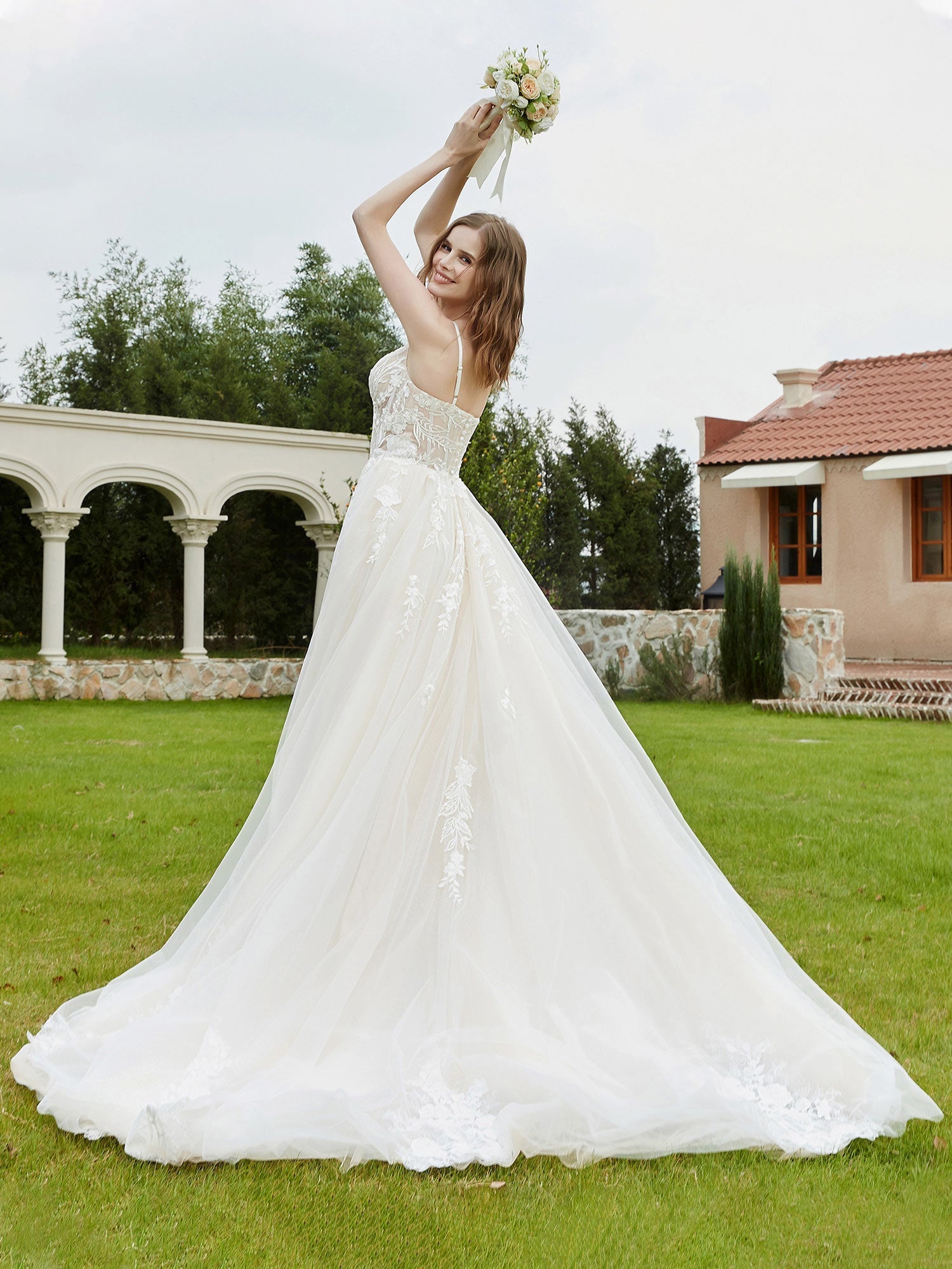 Spaghetti Straps V-Neck Lace Bodice Appliques Wedding Dress-Ivory/Champagne Bridal Gowns Dresses