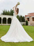 Spaghetti Straps V-Neck Lace Bodice Appliques Wedding Dress-Ivory/Champagne Bridal Gowns Dresses