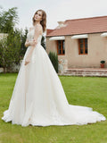 Spaghetti Straps V-Neck Lace Bodice Appliques Wedding Dress-Ivory/Champagne Bridal Gowns Dresses