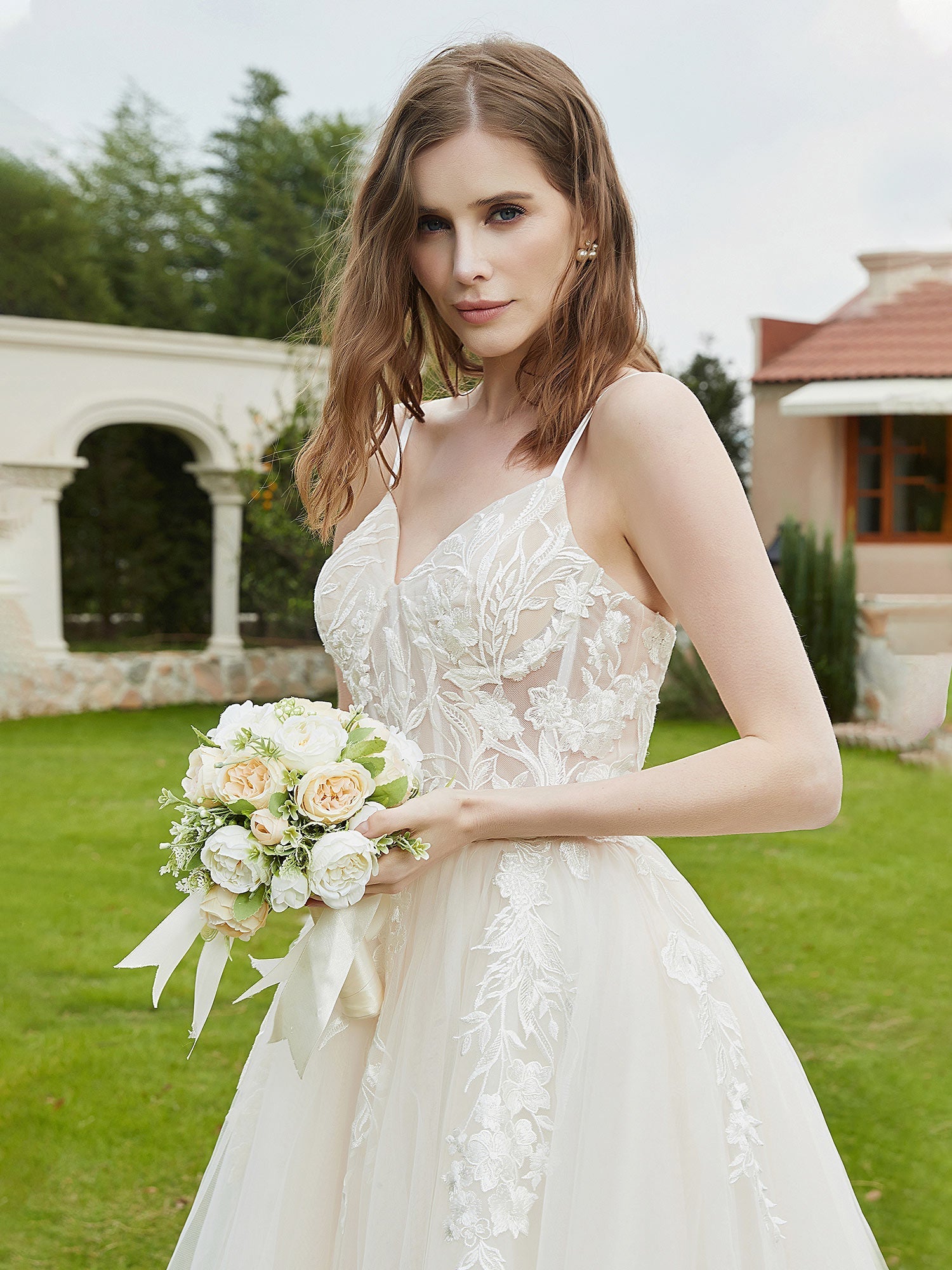 Spaghetti Straps V-Neck Lace Bodice Appliques Wedding Dress-Ivory/Champagne Bridal Gowns Dresses