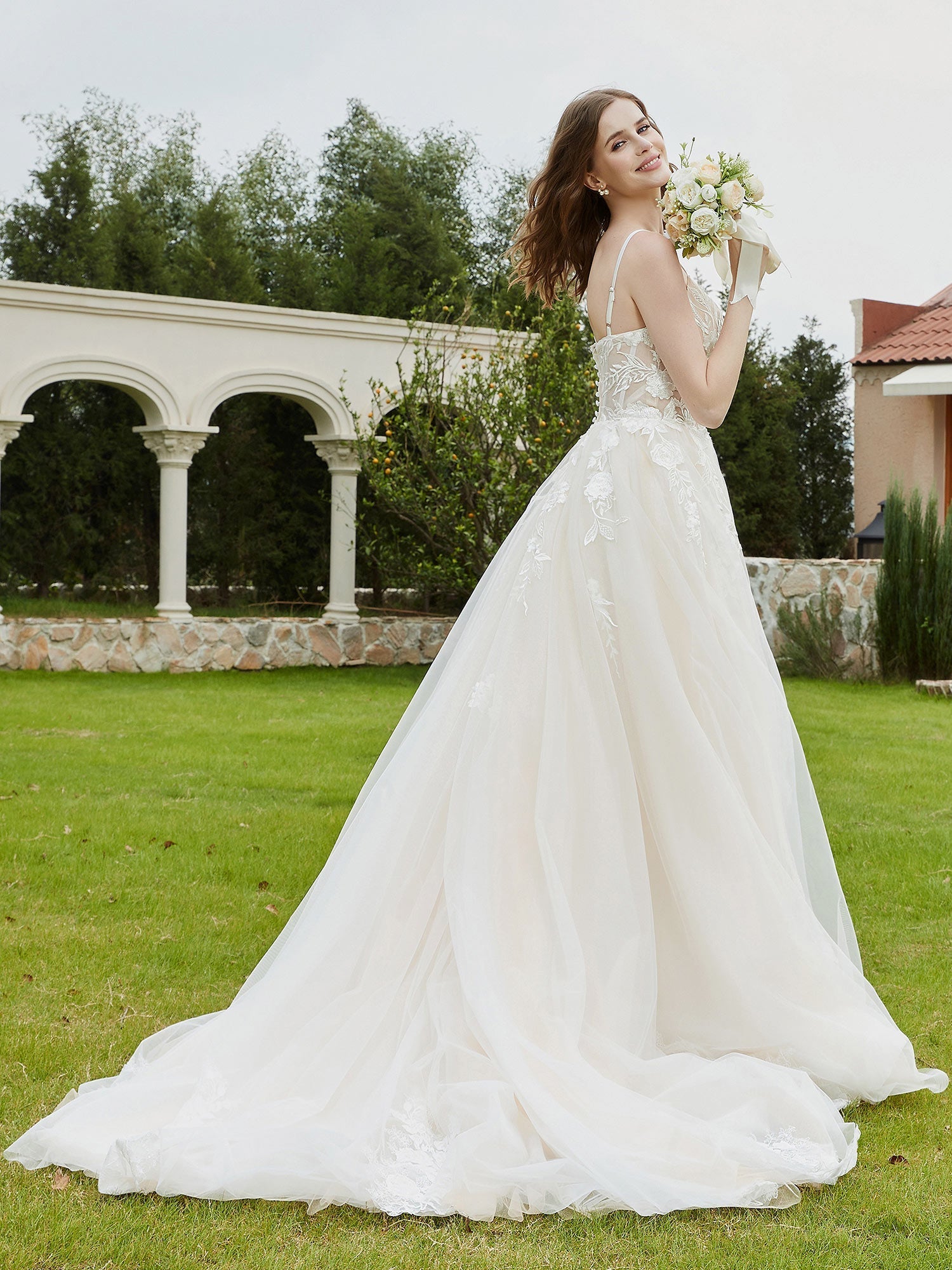 Spaghetti Straps V-Neck Lace Bodice Appliques Wedding Dress-Ivory/Champagne Bridal Gowns Dresses