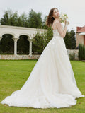 Spaghetti Straps V-Neck Lace Bodice Appliques Wedding Dress-Ivory/Champagne Bridal Gowns Dresses
