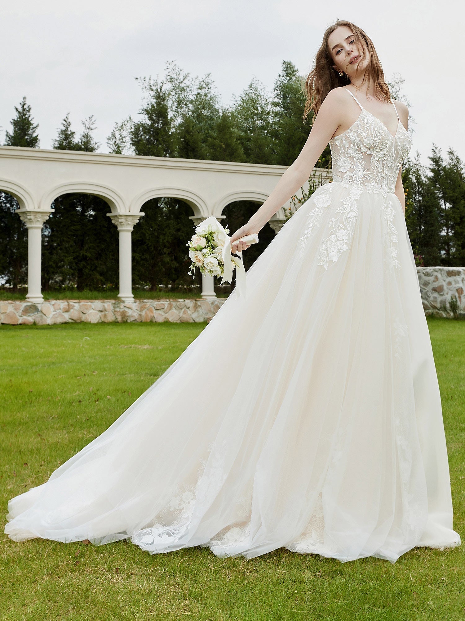 Spaghetti Straps V-Neck Lace Bodice Appliques Wedding Dress-Ivory/Champagne Bridal Gowns Dresses