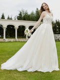 Spaghetti Straps V-Neck Lace Bodice Appliques Wedding Dress-Ivory/Champagne Bridal Gowns Dresses