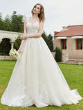 Spaghetti Straps V-Neck Lace Bodice Appliques Wedding Dress-Ivory/Champagne Bridal Gowns Dresses