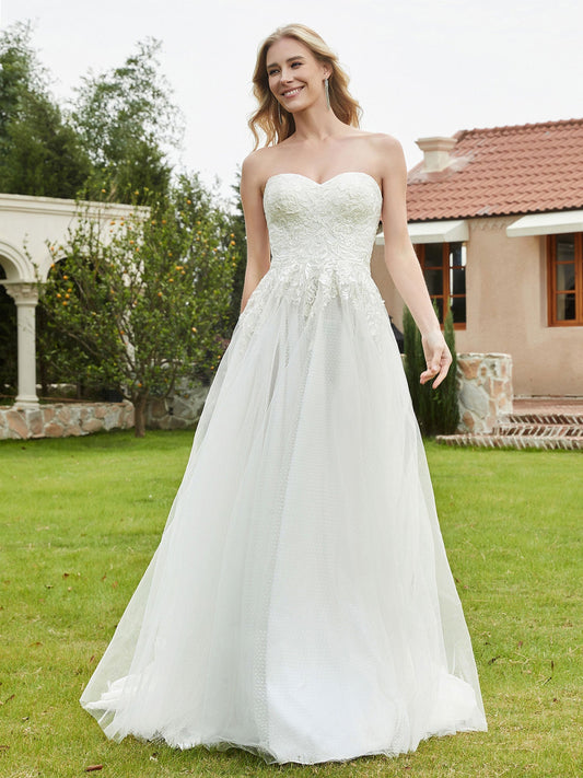Vestido de novia sin tirantes con escote corazón, corpiño de encaje y falda de tul - Vestidos de novia color marfil