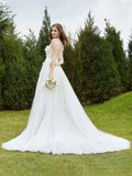 Illusion Brautkleid mit tiefem V-Ausschnitt und Spitzenmieder – Elfenbein 