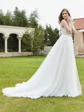 Illusion Brautkleid mit tiefem V-Ausschnitt und Spitzenmieder – Elfenbein 