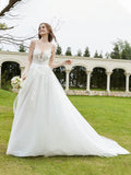 Illusion Brautkleid mit tiefem V-Ausschnitt und Spitzenmieder – Elfenbein 