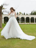 Illusion Brautkleid mit tiefem V-Ausschnitt und Spitzenmieder – Elfenbein 
