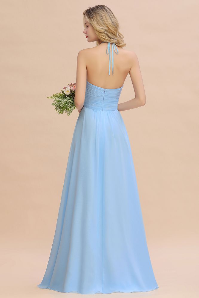 Gorgeous Halter Backless Beach Bridesmaid Evening Dress Chiffon Garden Wedding Party Dress