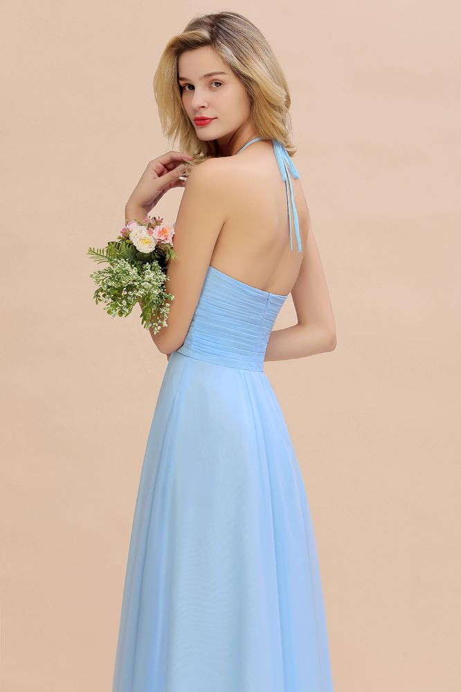 Gorgeous Halter Backless Beach Bridesmaid Evening Dress Chiffon Garden Wedding Party Dress