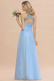 Gorgeous Halter Floral lace aline Chiffon Bridesmaid Dress Sleeveless Ruffle Wedding Guest Dress