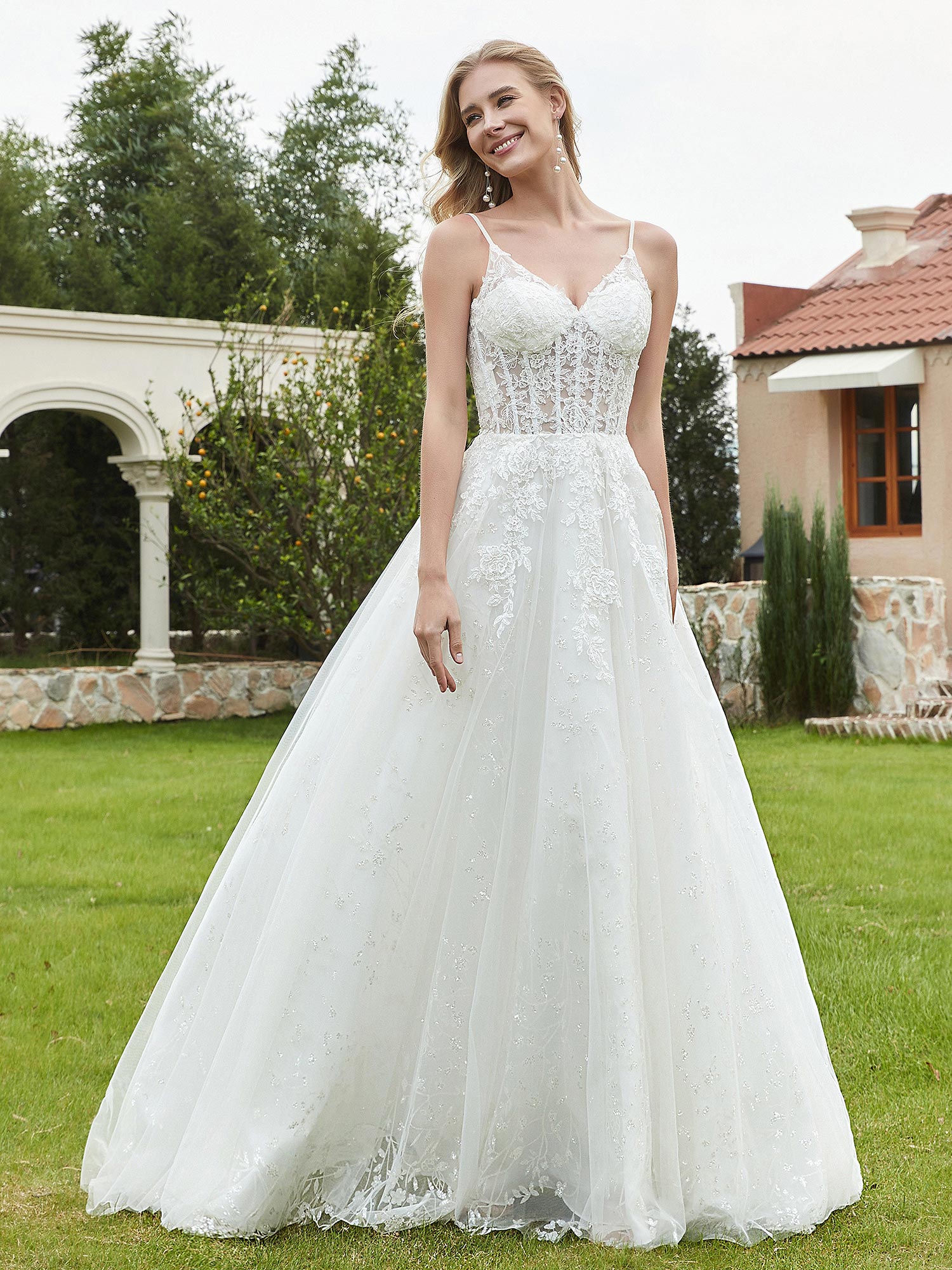 Applizierte Spaghettiträger Tüll Spitze Brautkleid Elfenbein Brautkleider Kleider