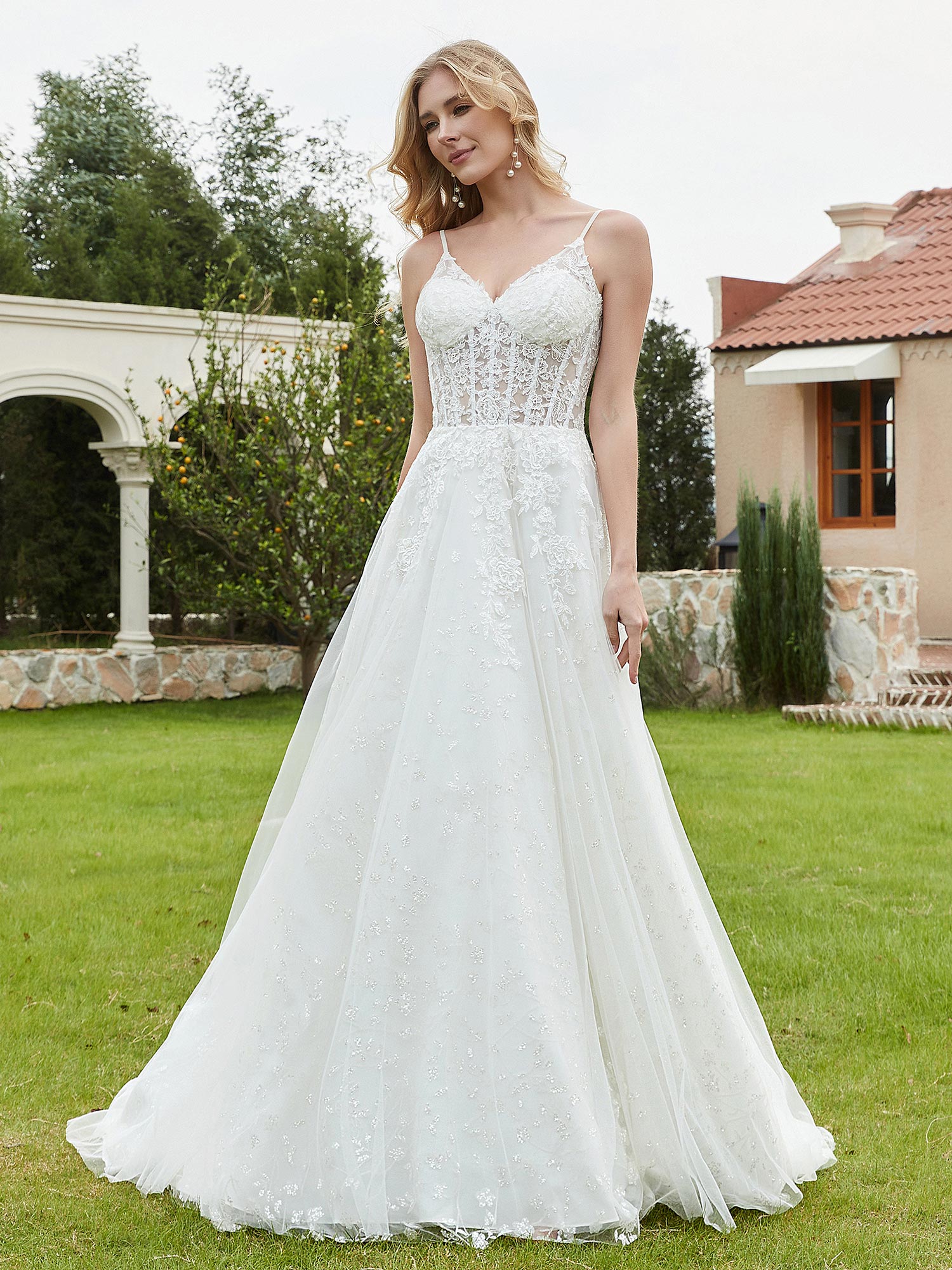 Applizierte Spaghettiträger Tüll Spitze Brautkleid Elfenbein Brautkleider Kleider
