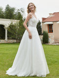 Applizierte Spaghettiträger Tüll Spitze Brautkleid Elfenbein Brautkleider Kleider