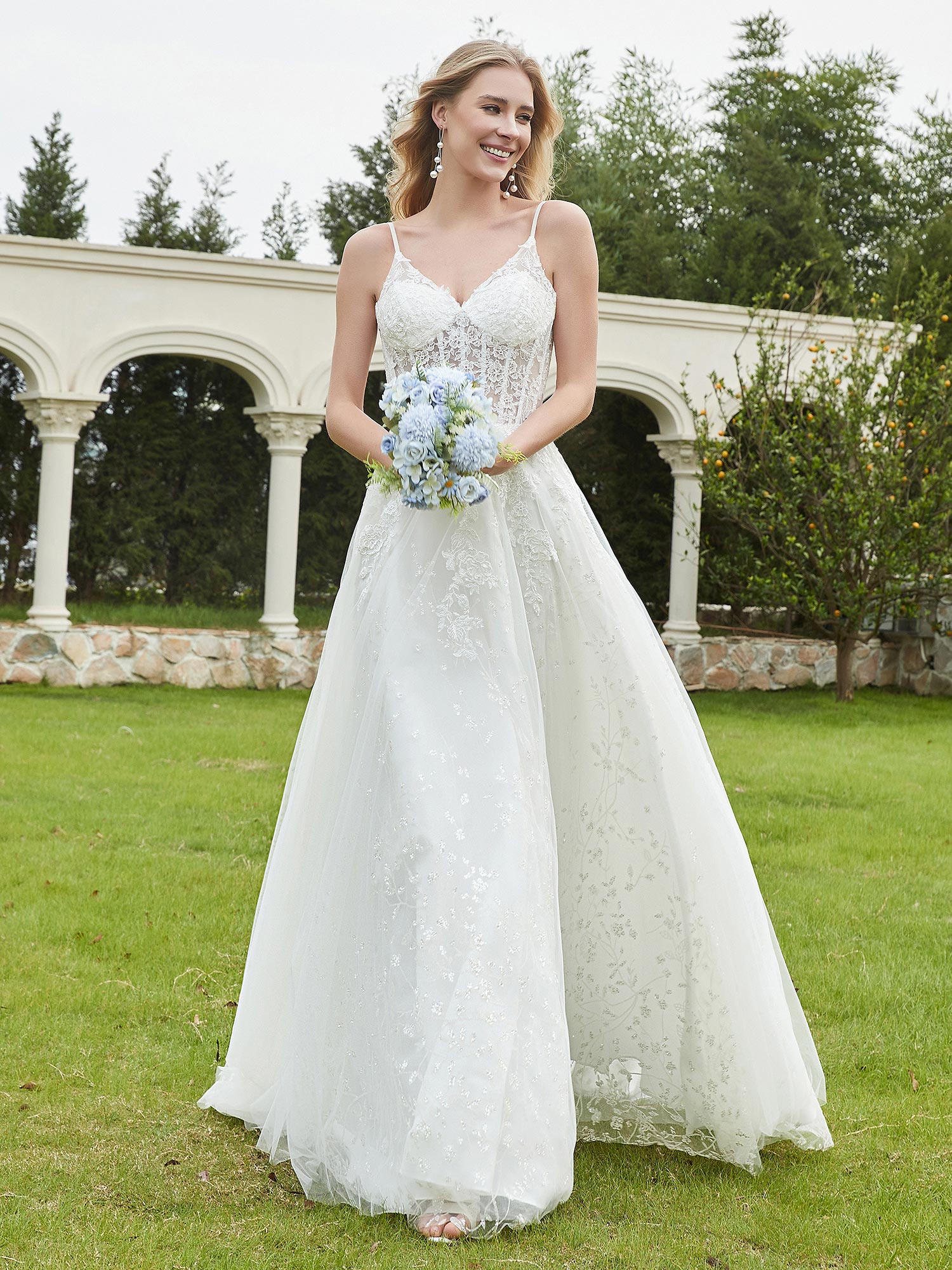 Applizierte Spaghettiträger Tüll Spitze Brautkleid Elfenbein Brautkleider Kleider