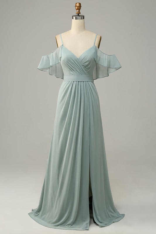Vestido de dama de honor largo con hombros descubiertos y corte A en color salvia polvorienta, vestidos formales de noche y fiesta