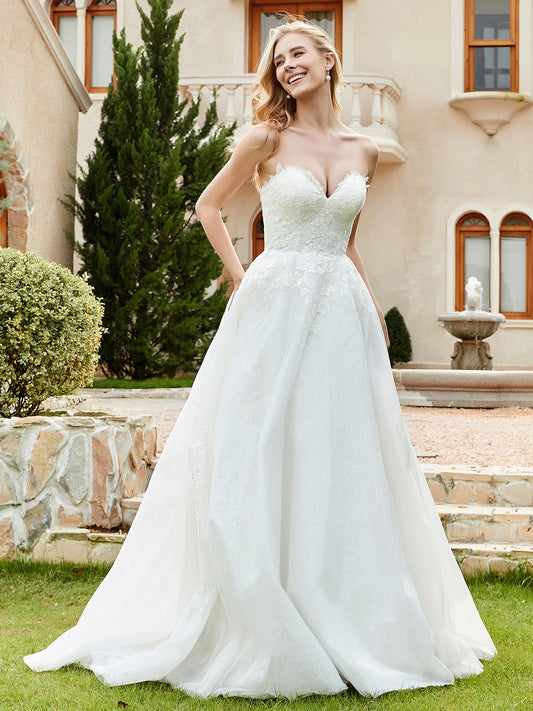 Sweetheart Lace Ruched Sweep Train Wedding Dress Ivory Bridal Gowns Dresses