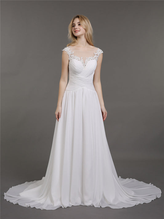 Chiffonkleid mit Spitzenapplikationen für die Braut – Elfenbeinfarbene Brautkleider