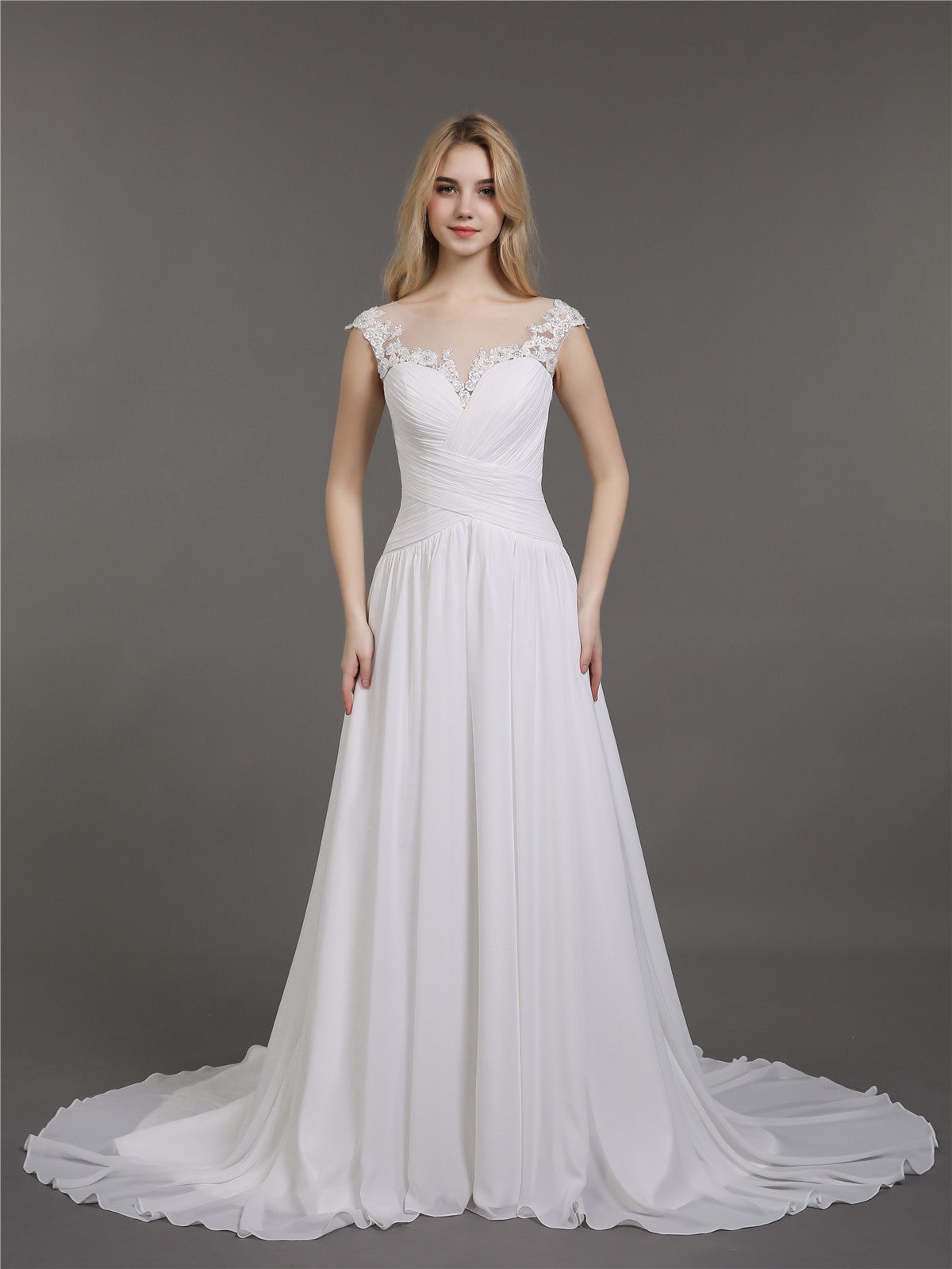 Chiffonkleid mit Spitzenapplikationen für die Braut – Elfenbeinfarbene Brautkleider