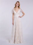V-neck Lace Wedding Dress with Short Sleeves-Champagne Bridal Gowns Dresses