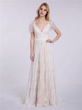 V-neck Lace Wedding Dress with Short Sleeves-Champagne Bridal Gowns Dresses