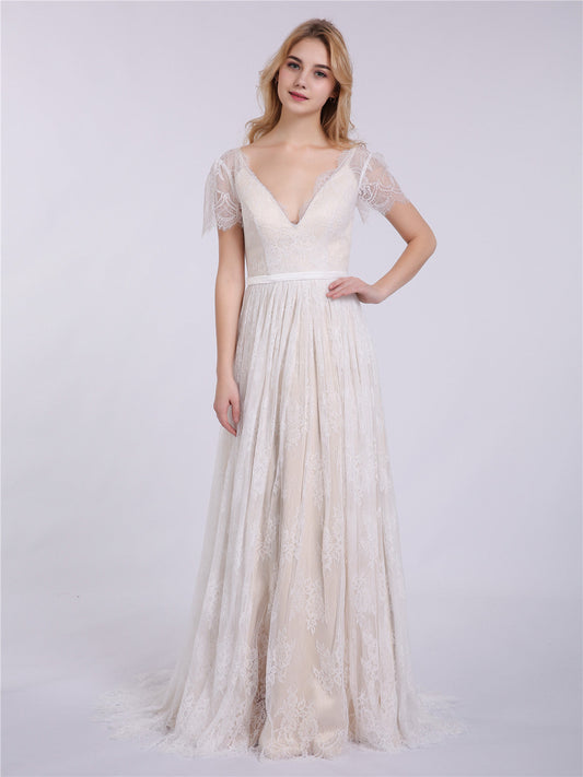 V-neck Lace Wedding Dress with Short Sleeves-Champagne Bridal Gowns Dresses