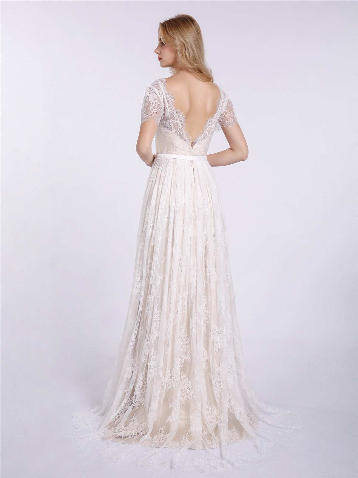 V-neck Lace Wedding Dress with Short Sleeves-Champagne Bridal Gowns Dresses