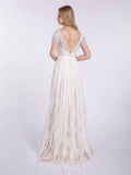 V-neck Lace Wedding Dress with Short Sleeves-Champagne Bridal Gowns Dresses