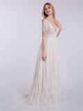 V-neck Lace Wedding Dress with Short Sleeves-Champagne Bridal Gowns Dresses