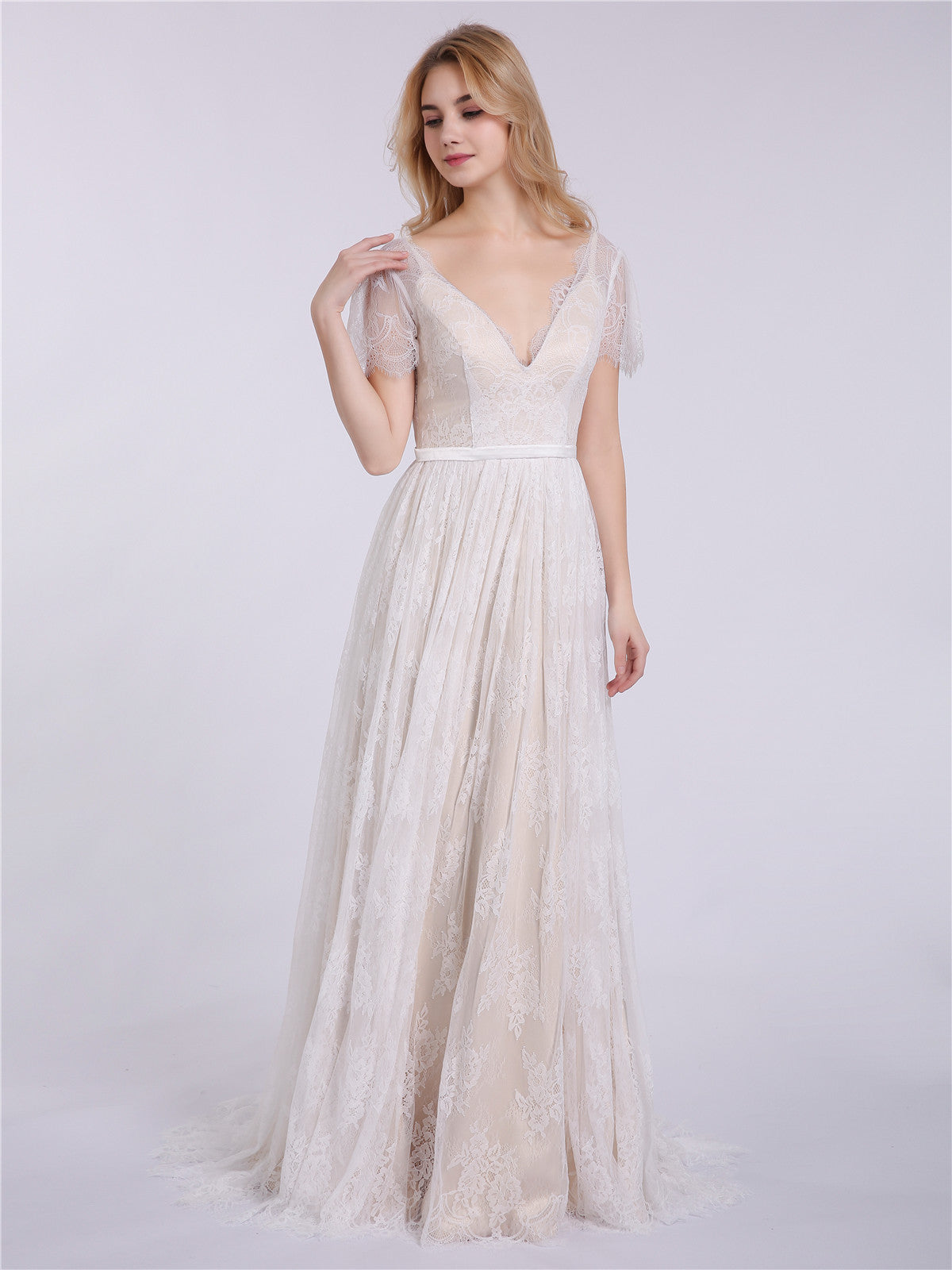 V-neck Lace Wedding Dress with Short Sleeves-Champagne Bridal Gowns Dresses