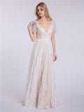 V-neck Lace Wedding Dress with Short Sleeves-Champagne Bridal Gowns Dresses