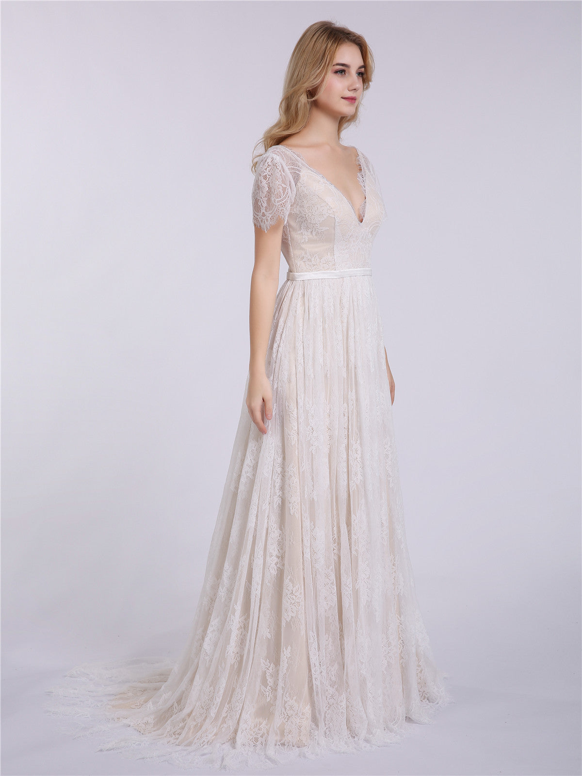 V-neck Lace Wedding Dress with Short Sleeves-Champagne Bridal Gowns Dresses