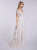 V-neck Lace Wedding Dress with Short Sleeves-Champagne Bridal Gowns Dresses