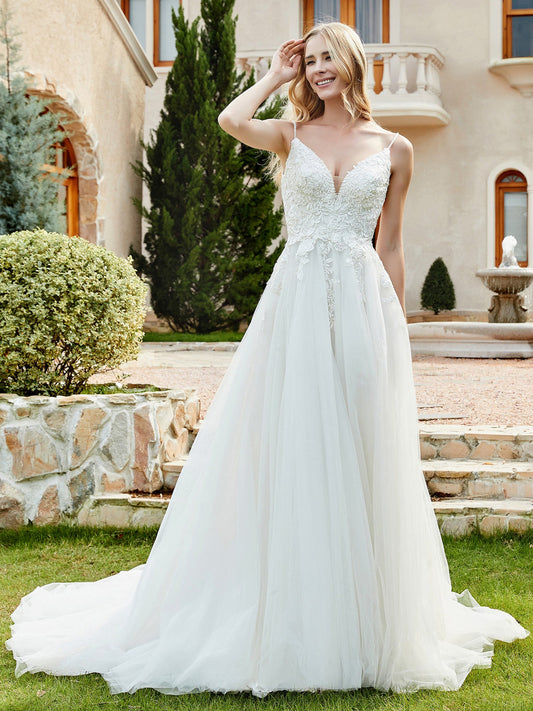 Spitze und Tüll gerüscht Kapelle Schleppe Brautkleid Elfenbein Brautkleider Kleider