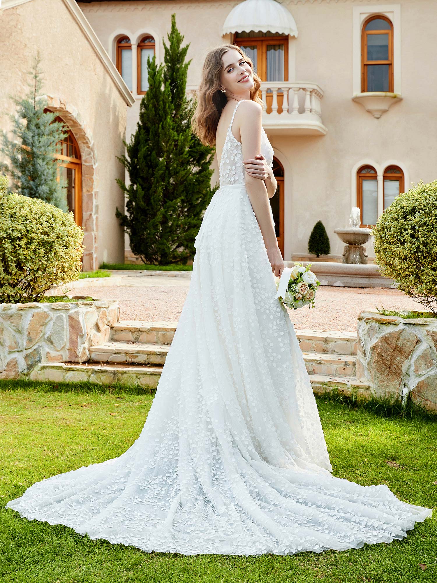 Spitzenmieder Rückenfreies Kapellenschleppe Brautkleid Elfenbein Brautkleider Kleider