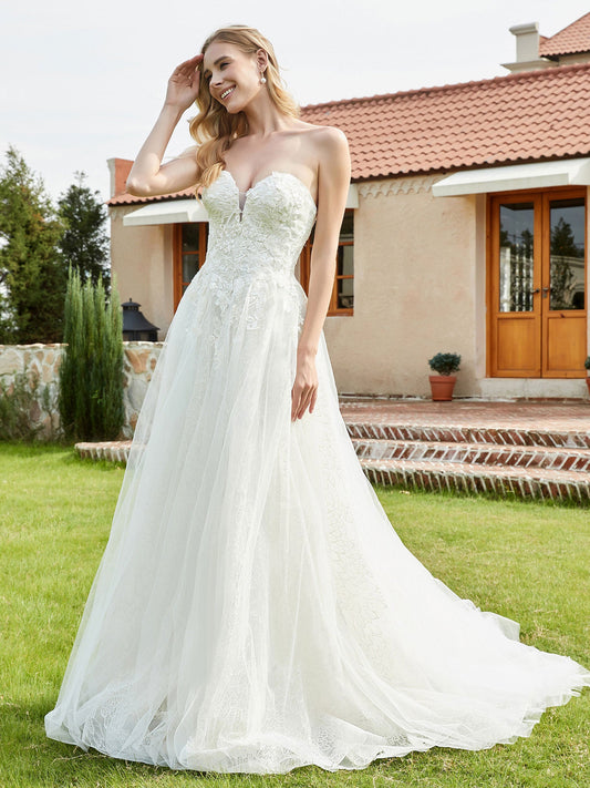 Sweetheart Lace Up Tulle A-line Wedding Dress Ivory Bridal Gowns Dresses