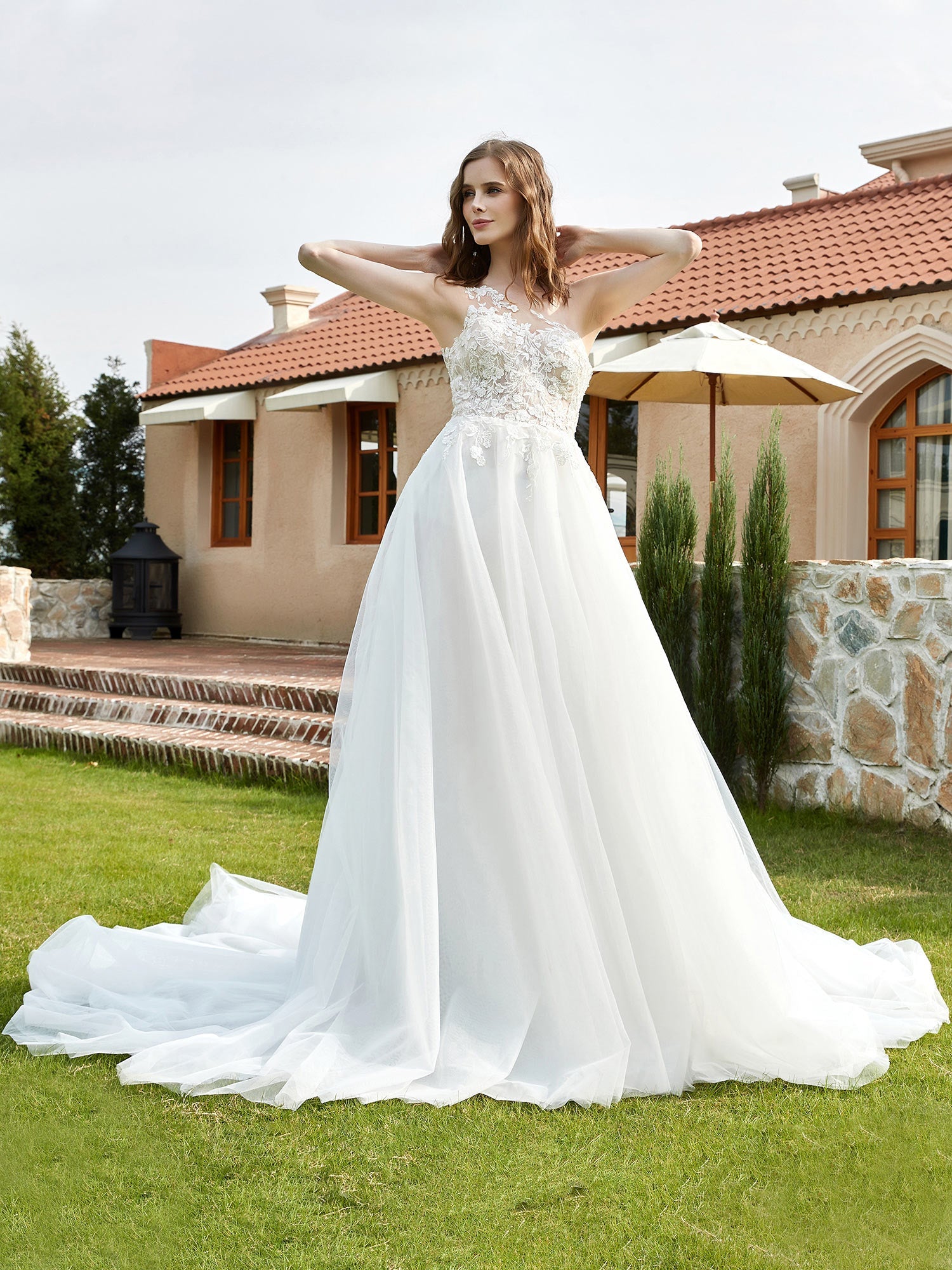 One Shoulder Lace Bodice Chapel Train Bridal Dress Ivory Bridal Gowns Wedding Dresses